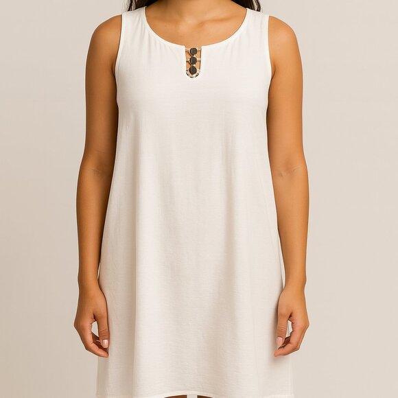 Tacera White Sleeveless Shift Dress w/ Gold Accent (2X) - Picture 1 of 4